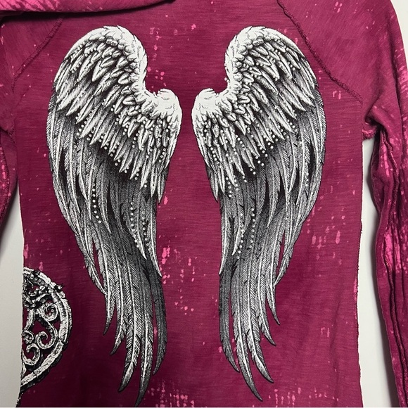 Affliction 90s Burgundy Long Sleeve Hoodie Spell Out Top Embellished Angel Wings - Picture 13 of 15